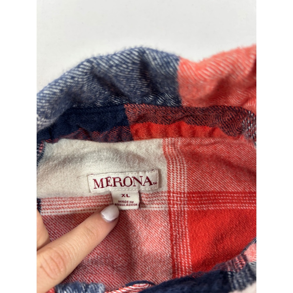 Merona Mens XL Red Blue White Plaid Flannel Button Down Shirt Long Sleeve - Picture 2 of 6